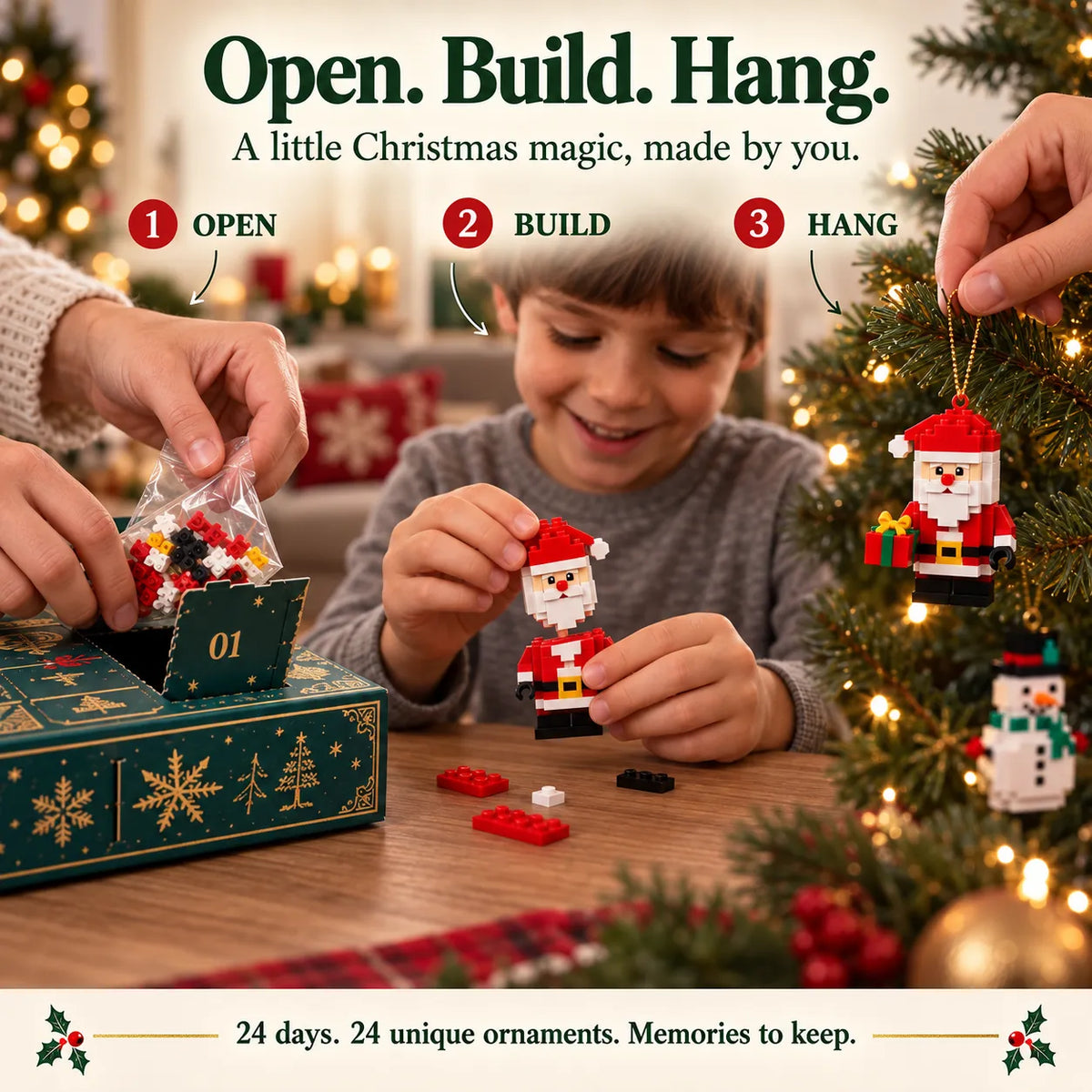 ⏳ Último día: 49 % de descuento – 🎄 Mini calendario de Adviento de 24 días con adornos navideños para armar | 24 adornos festivos únicos para construir, colgar y conservar 🧱