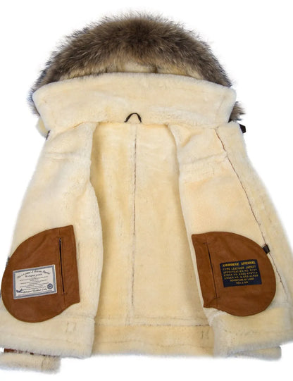 🔥Ofertas de Año Nuevo 2026 - Chaqueta de piel de oveja B-3 color whisky con capucha