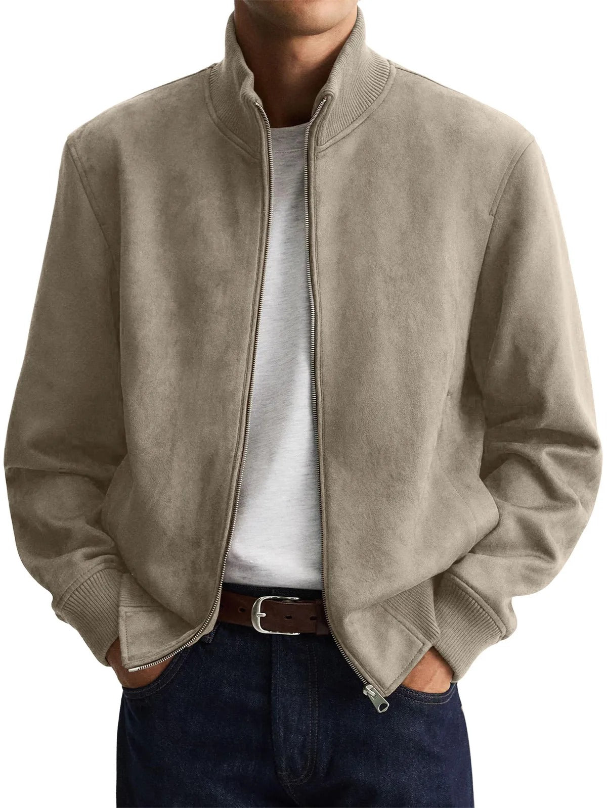 Chaqueta de ante para hombre con cuello alto y cremallera
