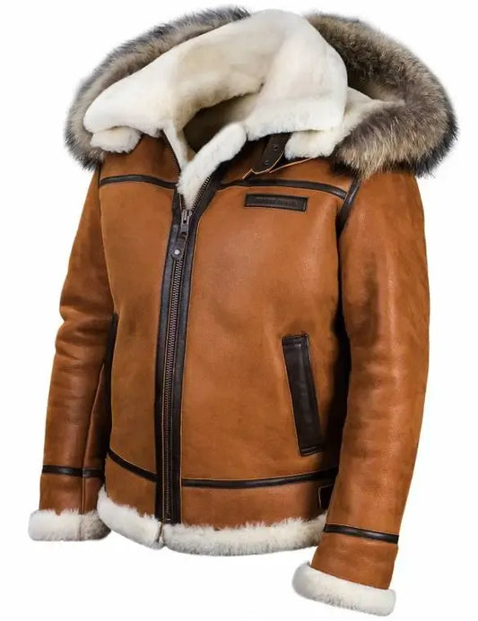 🔥Ofertas de Año Nuevo 2026 - Chaqueta de piel de oveja B-3 color whisky con capucha