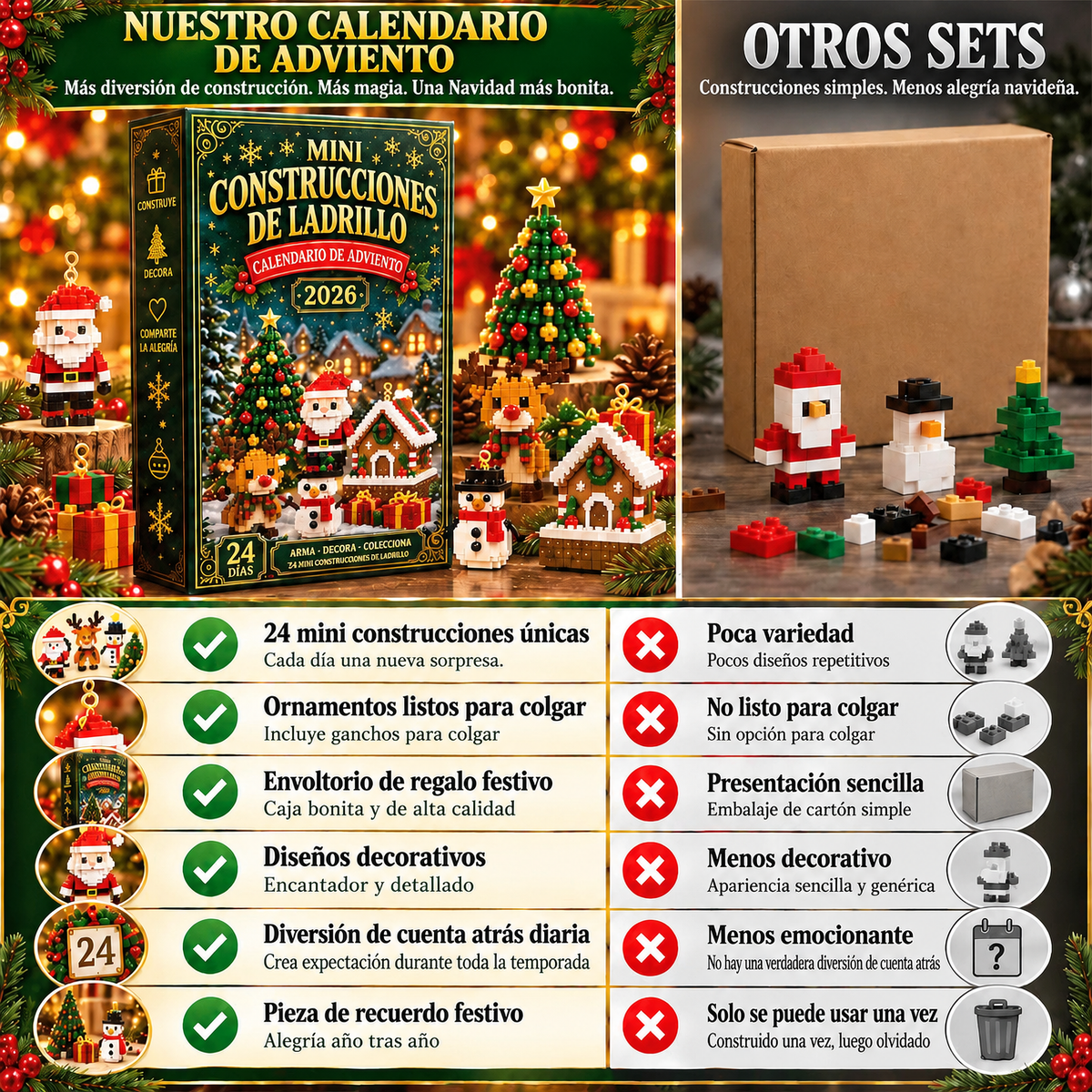 ⏳ Último día para ahorrar un 49 % – 🎄 Calendario de Adviento con mini adornos navideños | 24 sets de construcción festivos y únicos con colgadores; perfectos para decorar árboles de Navidad, coronas y otros adornos festivos 🧱