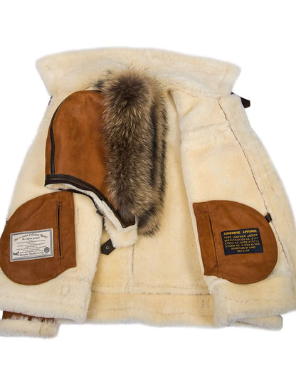 🔥Ofertas de Año Nuevo 2026 - Chaqueta de piel de oveja B-3 color whisky con capucha