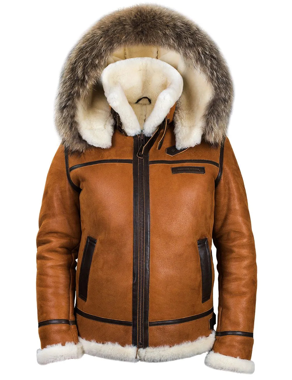 🔥Ofertas de Año Nuevo 2026 - Chaqueta de piel de oveja B-3 color whisky con capucha
