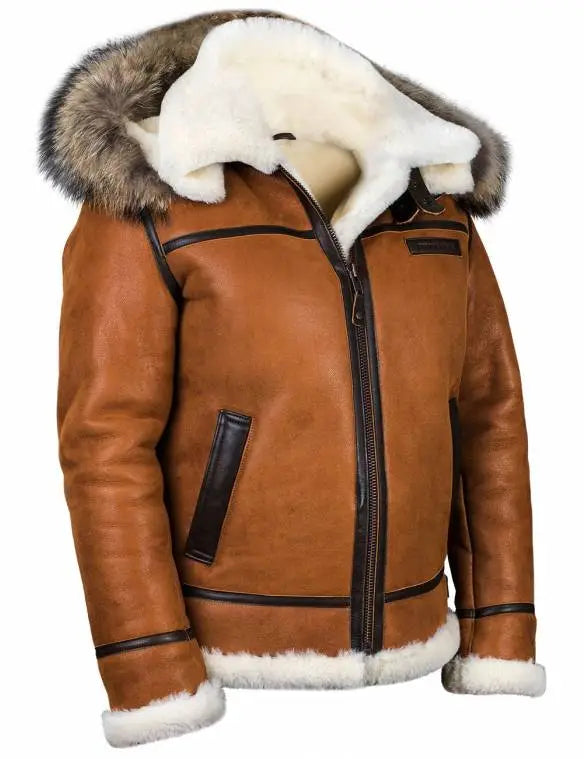 🔥Ofertas de Año Nuevo 2026 - Chaqueta de piel de oveja B-3 color whisky con capucha