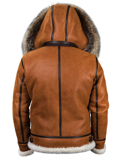 🔥Ofertas de Año Nuevo 2026 - Chaqueta de piel de oveja B-3 color whisky con capucha