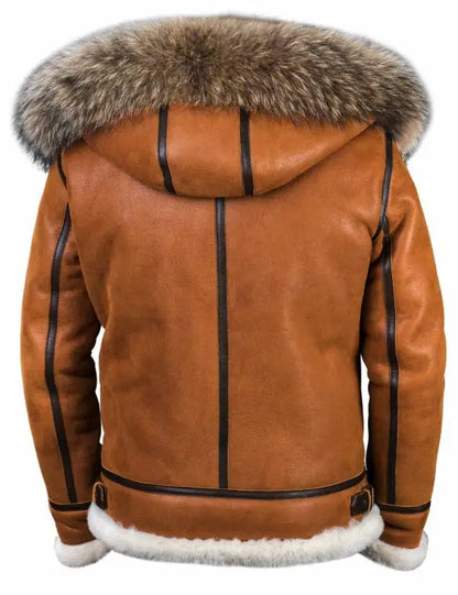🔥Ofertas de Año Nuevo 2026 - Chaqueta de piel de oveja B-3 color whisky con capucha