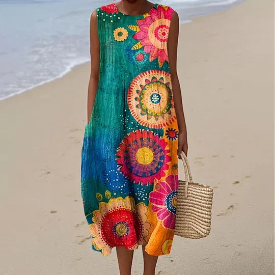 Vestido de mujer confeccionado en algodón y lino con estampado abstracto y bolsillos laterales.