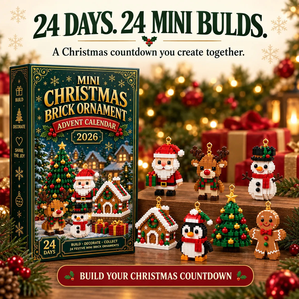 ⏳ Último día: 49 % de descuento – 🎄 Mini calendario de Adviento de 24 días con adornos navideños para armar | 24 adornos festivos únicos para construir, colgar y conservar 🧱