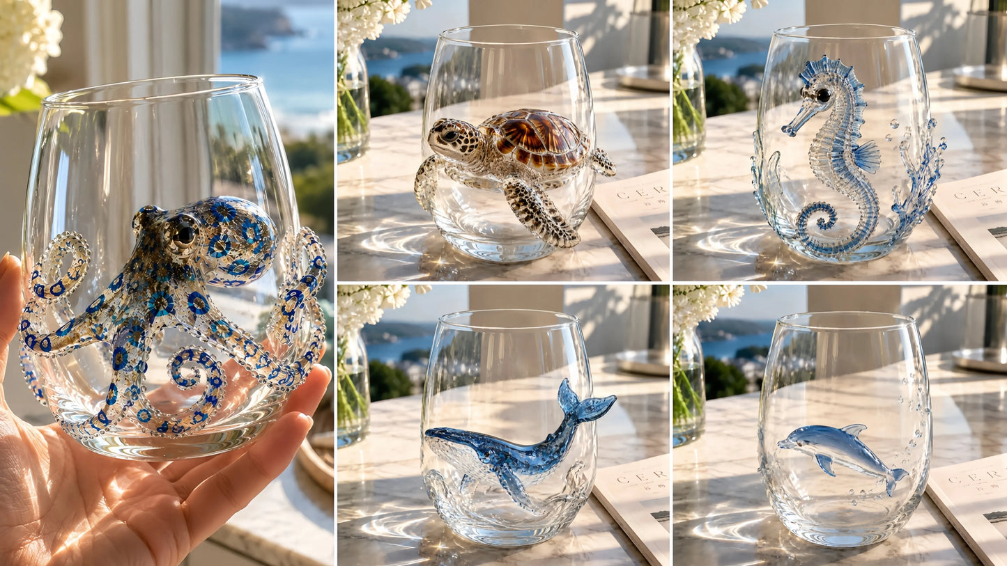 🔥 🔥Último día: 49% de descuento – 🌊 Colección de cristalería 3D con motivos marinos