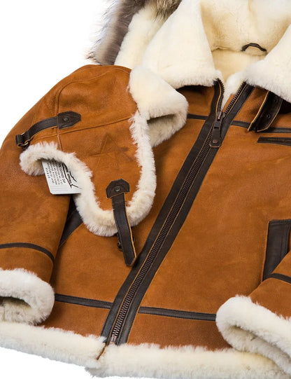 🔥Ofertas de Año Nuevo 2026 - Chaqueta de piel de oveja B-3 color whisky con capucha