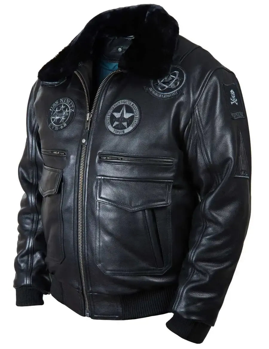 🔥Ofertas de Año Nuevo 2026 - NUEVA LLEGADA: CHAQUETA DE CUERO DE VUELO TOP GUN JOLLY ROGERS NEGRA