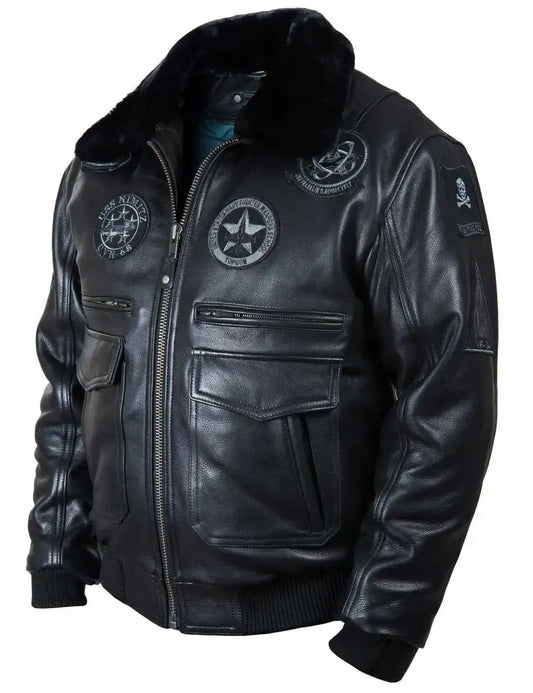🔥Ofertas de Año Nuevo 2026 - NUEVA LLEGADA: CHAQUETA DE CUERO DE VUELO TOP GUN JOLLY ROGERS NEGRA