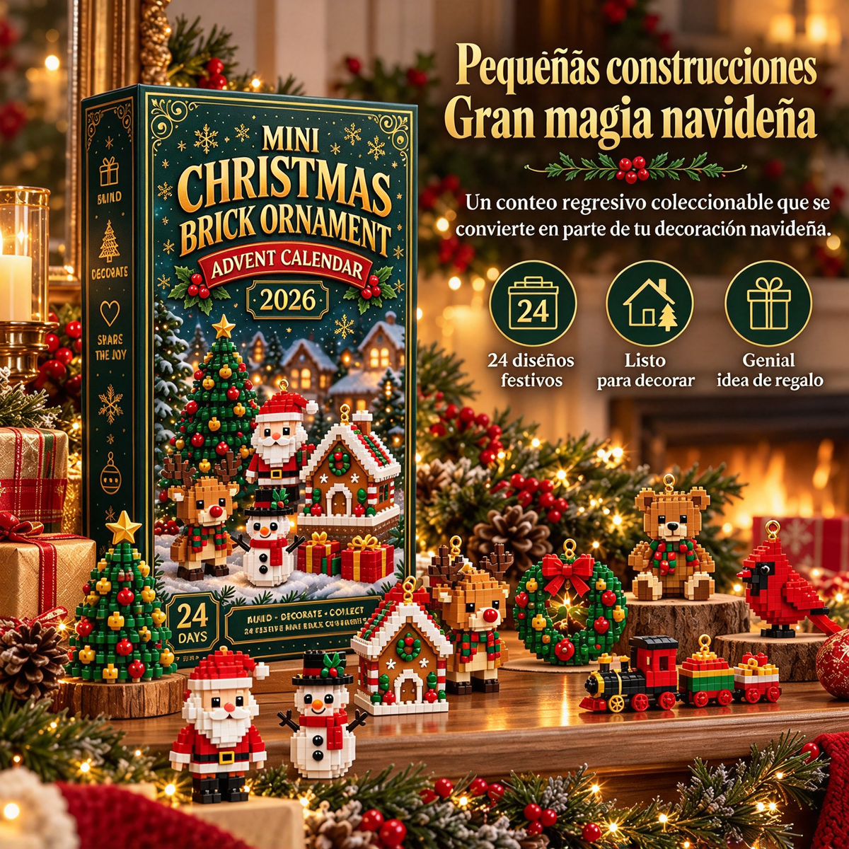 ⏳ Último día para ahorrar un 49 % – 🎄 Calendario de Adviento con mini adornos navideños | 24 sets de construcción festivos y únicos con colgadores; perfectos para decorar árboles de Navidad, coronas y otros adornos festivos 🧱