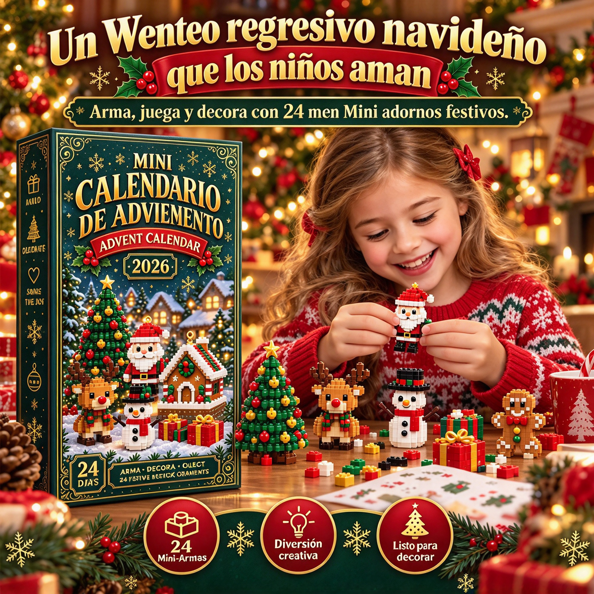 ⏳ Último día para ahorrar un 49 % – 🎄 Calendario de Adviento con mini adornos navideños | 24 sets de construcción festivos y únicos con colgadores; perfectos para decorar árboles de Navidad, coronas y otros adornos festivos 🧱