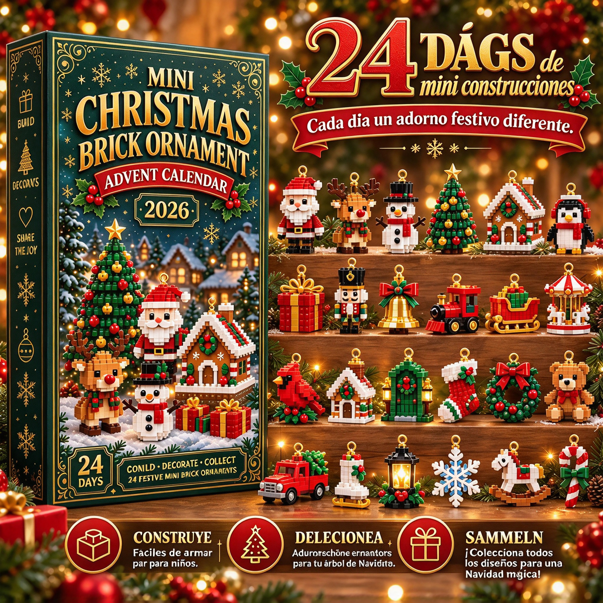 ⏳ Último día para ahorrar un 49 % – 🎄 Calendario de Adviento con mini adornos navideños | 24 sets de construcción festivos y únicos con colgadores; perfectos para decorar árboles de Navidad, coronas y otros adornos festivos 🧱