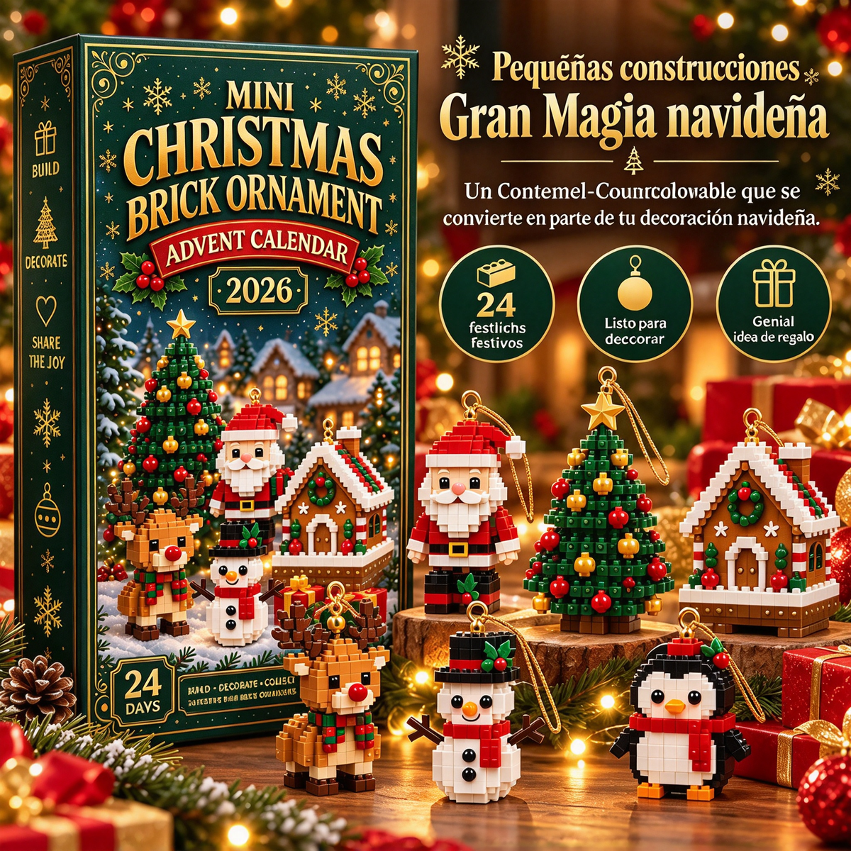 ⏳ Último día para ahorrar un 49 % – 🎄 Calendario de Adviento con mini adornos navideños | 24 sets de construcción festivos y únicos con colgadores; perfectos para decorar árboles de Navidad, coronas y otros adornos festivos 🧱
