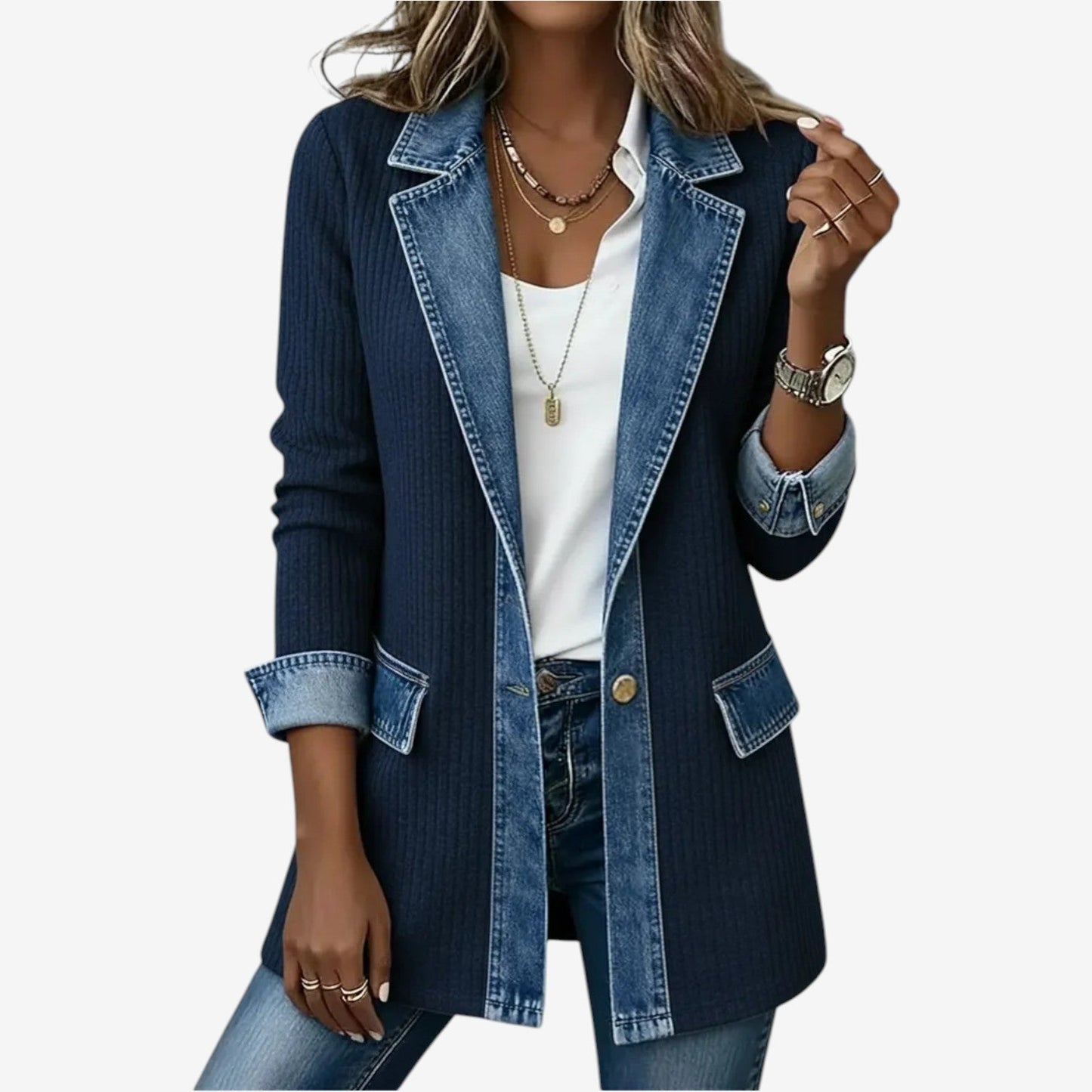 【🎉Oferta por tiempo limitado: 49% de descuento】Elegante cárdigan en una mezcla de tela vaquera y punto